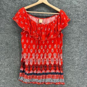 Faded Glory Blouse Women L Large Red Geometric Short Sleeve Round Neck Rayon
